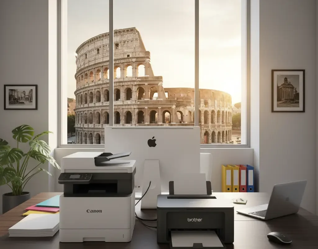 Noleggio fotocopiatrici a Roma: multifunzione Canon e stampante Brother in ufficio vicino al Colosseo